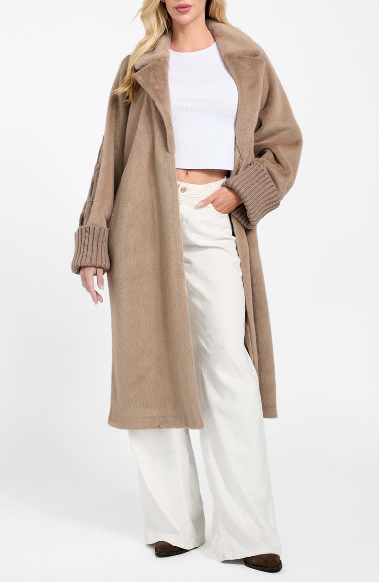 GUESS Lucrezia Faux Fur & Cable Knit Coat, Alternate, color, Rust