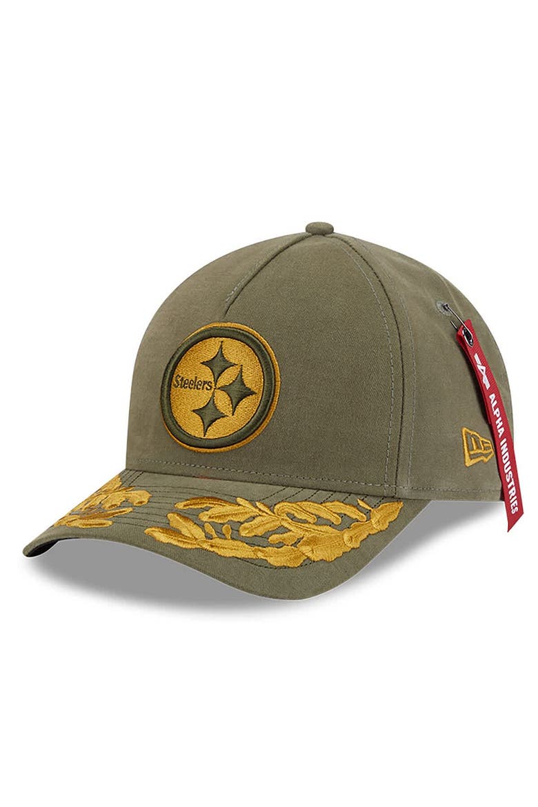 Men's New Era x Alpha Industries  Olive Pittsburgh Steelers A-Frame 9FORTY Adjustable Hat, Main, color, Olive
