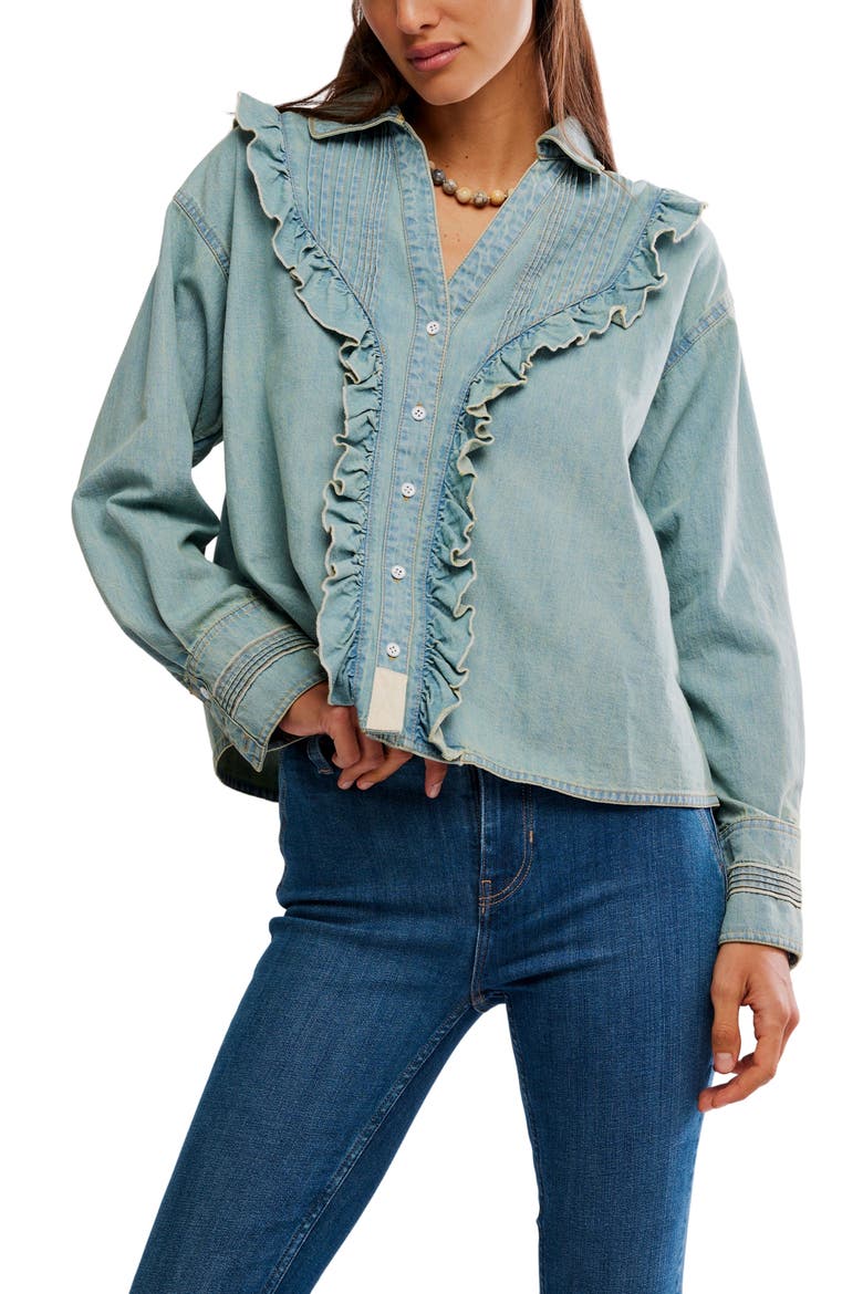 Tattered and Ruffled Chambray Top, Main, color, VINTAGE TINT WASH