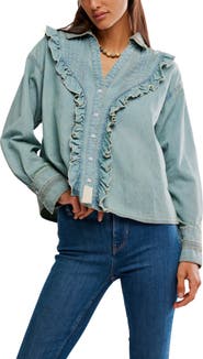Free People Tattered and Ruffled Chambray Top