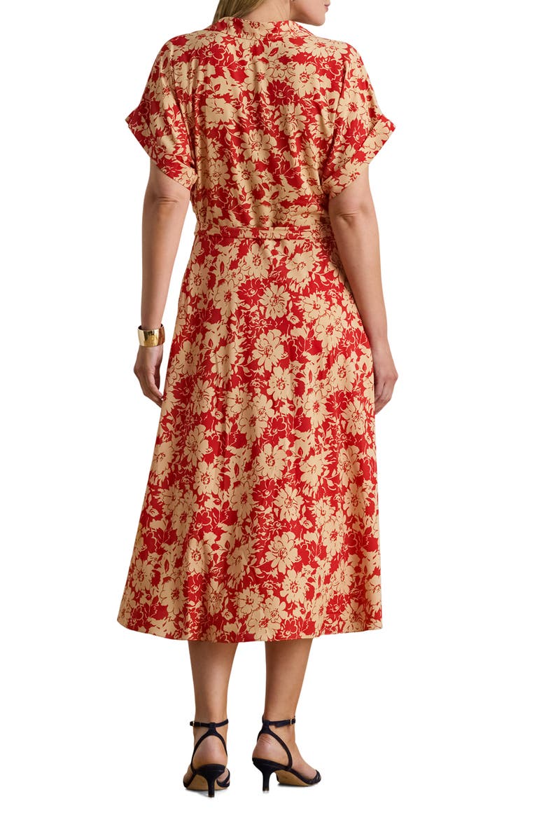 Floral Tie Waist Midi Dress, Alternate, color, RED/ BEIGE