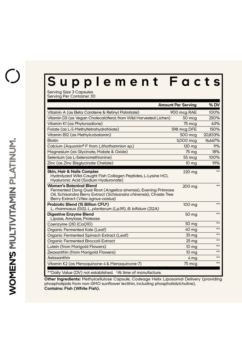 Women's Multivitamin Platinum, Vitamins A D3 K1 K2 B12, Alternate, color, White