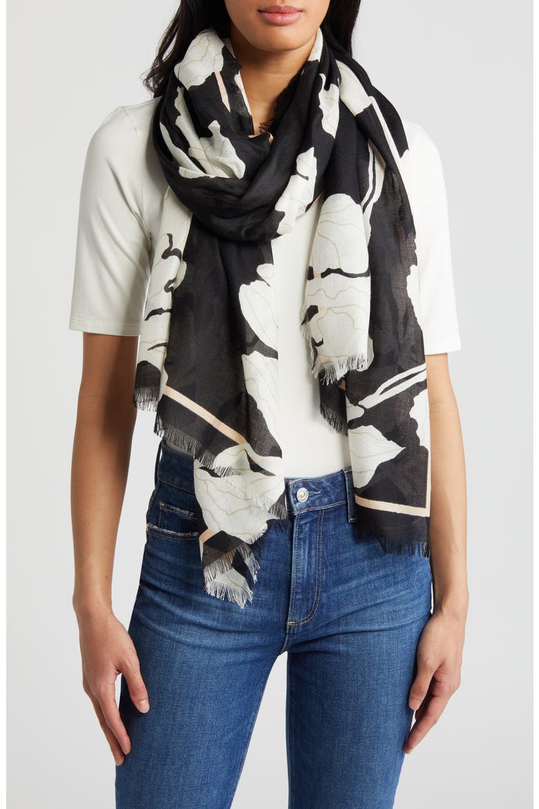 Eyelash Trim Print Cashmere & Silk Wrap, Main, color, BLACK GRAPHIC FLORAL
