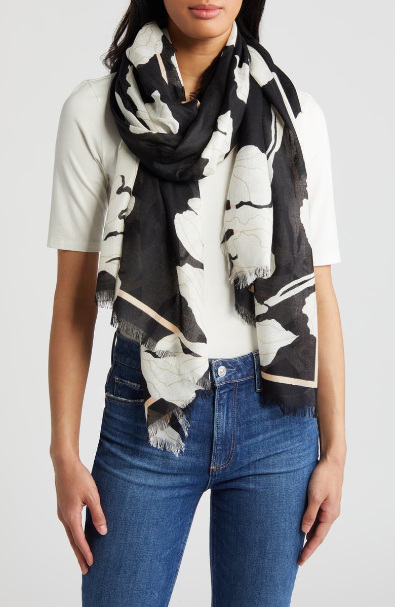 Nordstrom Eyelash Trim Print Cashmere & Silk Wrap, Main, color, Black Graphic Floral