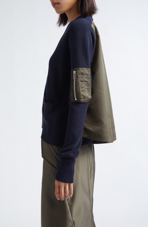 Sacai Mixed Media Nylon Twill & Knit Cardigan In Blue