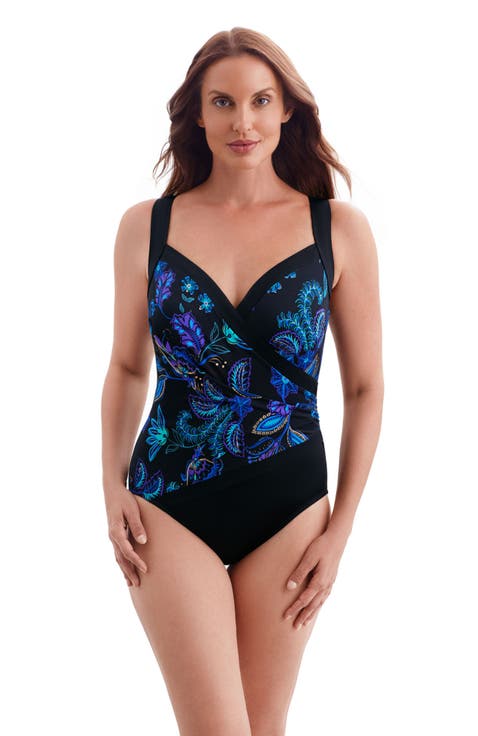 Spliced Side Shirred Surplice Long Torso One-Piece Swimsuit