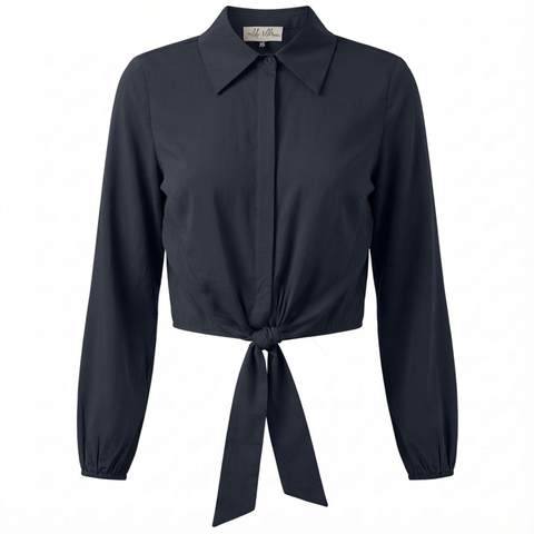 Cropped Hidden Placket Hem Tie Blouse