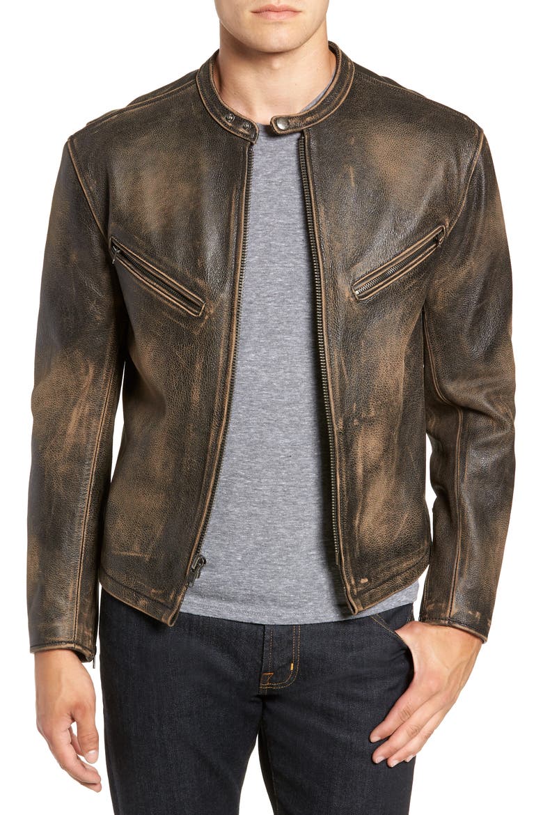 Calfskin Leather Racer Jacket, Main, color, VINTAGE BLACK