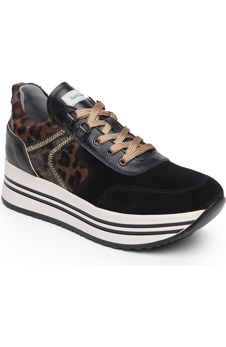 NeroGiardini Leopard Print Faux Shearling Platform Sneaker, Main, color,