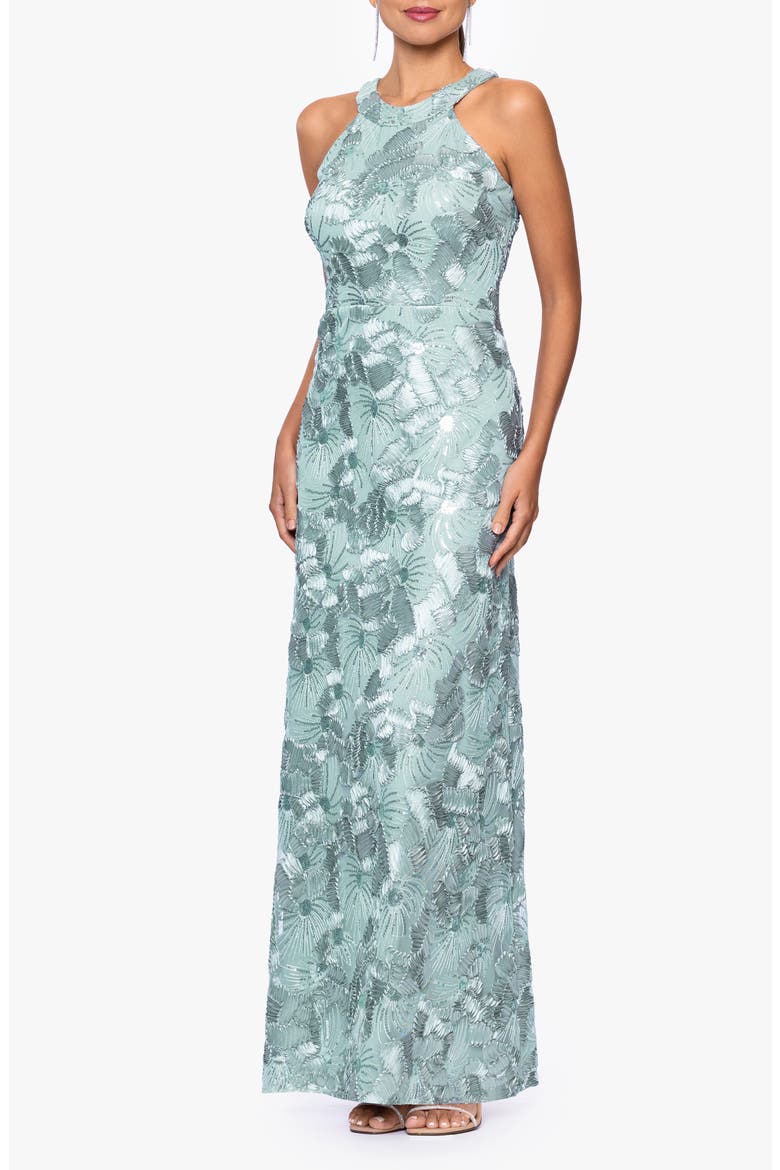 Sequin Floral Sleeveless Gown, Alternate, color, SAGE