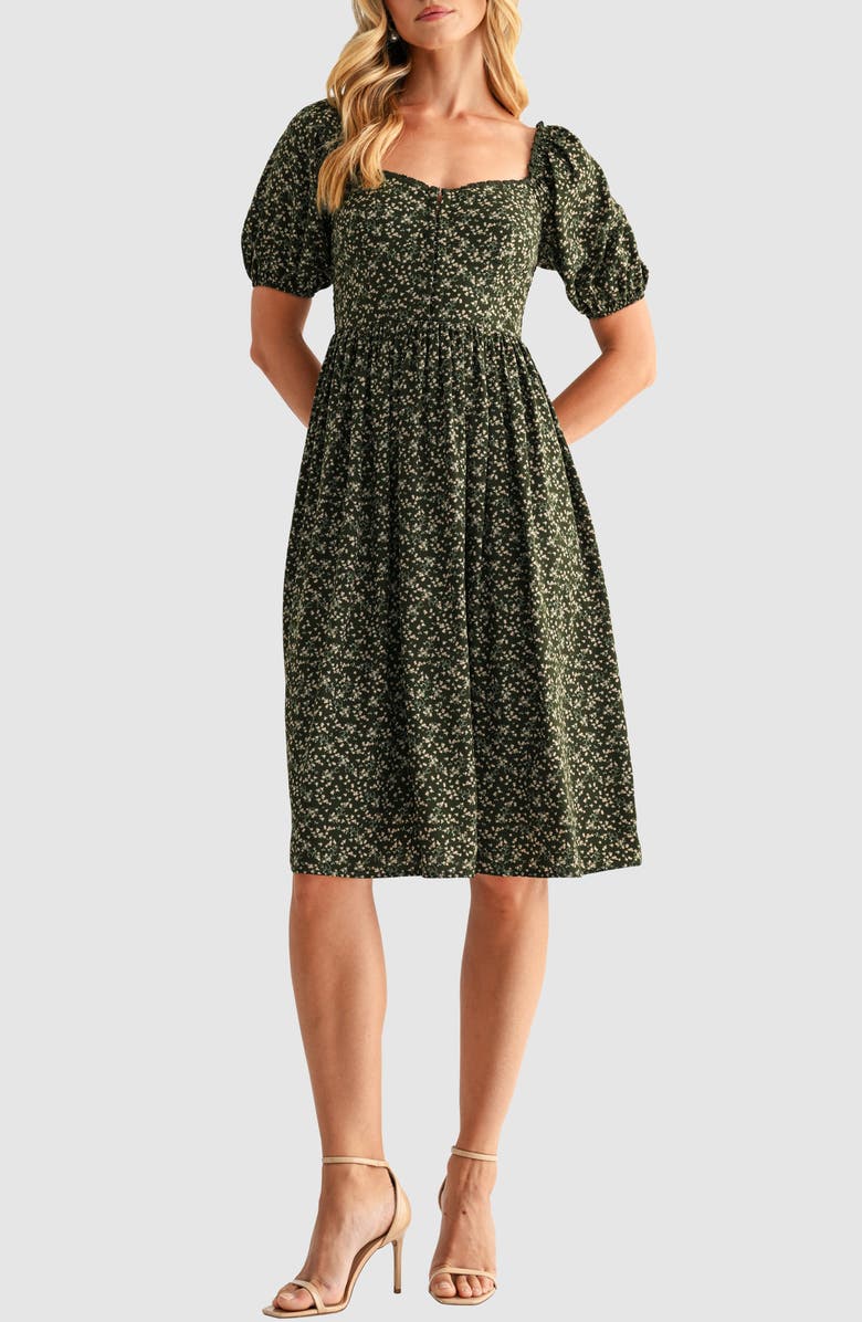 Puff Sleeve Lace Trim Midi Dress