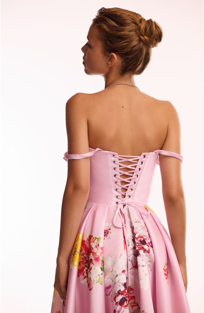 Milla Fit-and-Flare Satin Floral Midi Dress for Cocktail Events, Alternate, color, Pink Floral