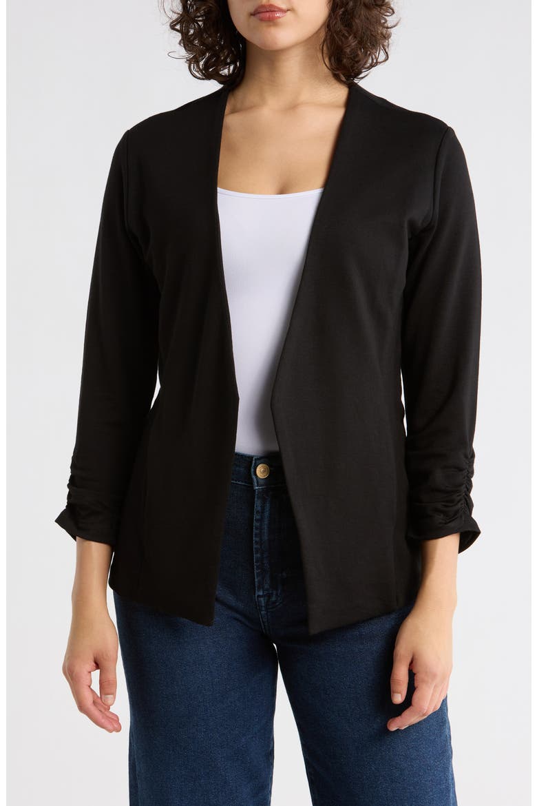 Irene Ruched Sleeve Open Front Blazer, Main, color, BLACK