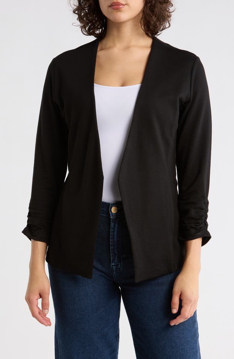 Tart Irene Ruched Sleeve Open Front Blazer, Main, color, Black