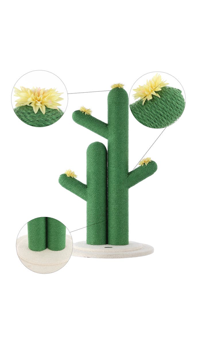 The Licker Store Socorro 34.25" Modern Jute Double-Cactus Cat Scratching Post with Flower Toys, Alternate, color, Green