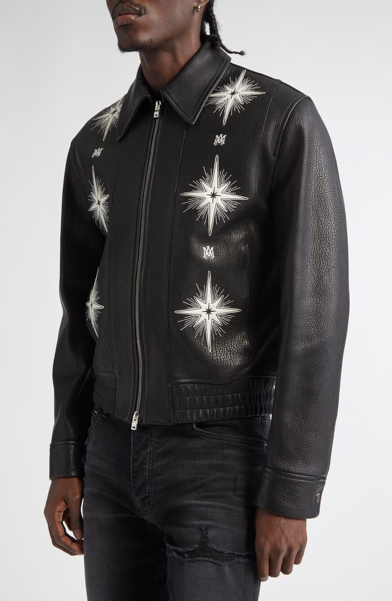 AMIRI Starburst Appliqué Leather Bomber Jacket, Alternate, color, 