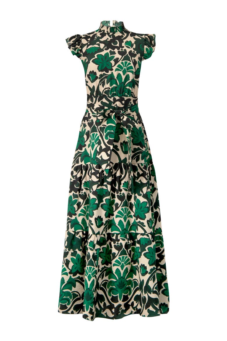 Printed Ruffle-Sleeve Maxi Dress with Tie Waist, Alternate, color, Green