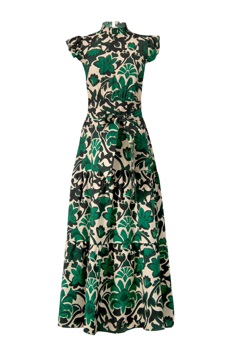 IVONNE Printed Ruffle-Sleeve Maxi Dress with Tie Waist, Alternate, color, Green