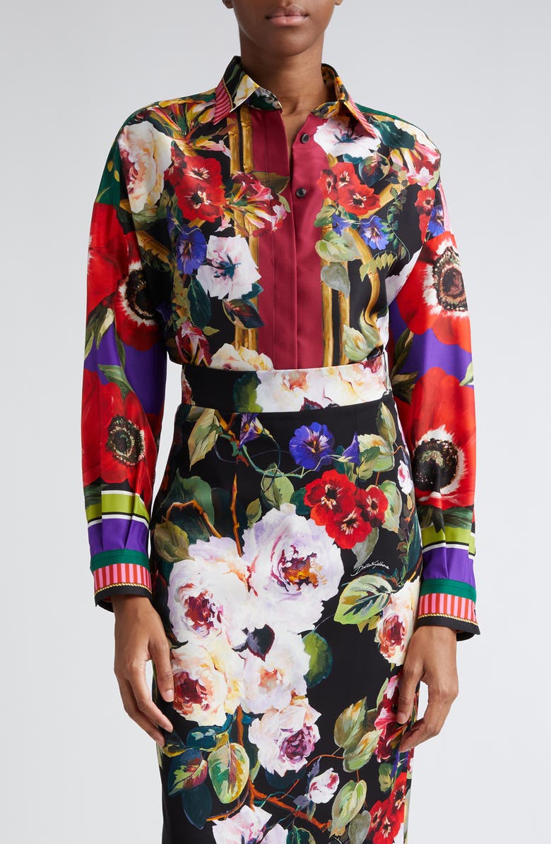 Dolce&Gabbana Floral Silk Twill Button-Up Shirt, Main, color,