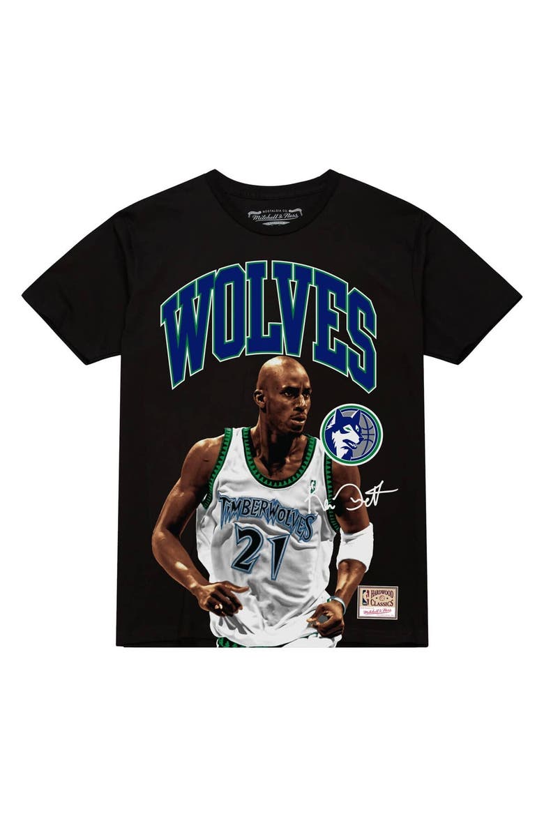 Men's Mitchell & Ness Kevin Garnett Black Minnesota Timberwolves Hardwood Classics Player Arch T-Shirt, Alternate, color, Black