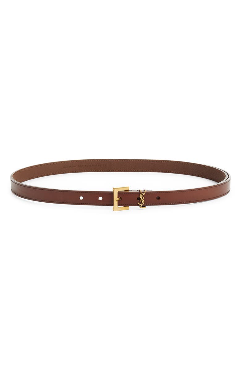 Saint Laurent Cassandre Logo Skinny Leather Belt, Main, color, Dark Wet Clay