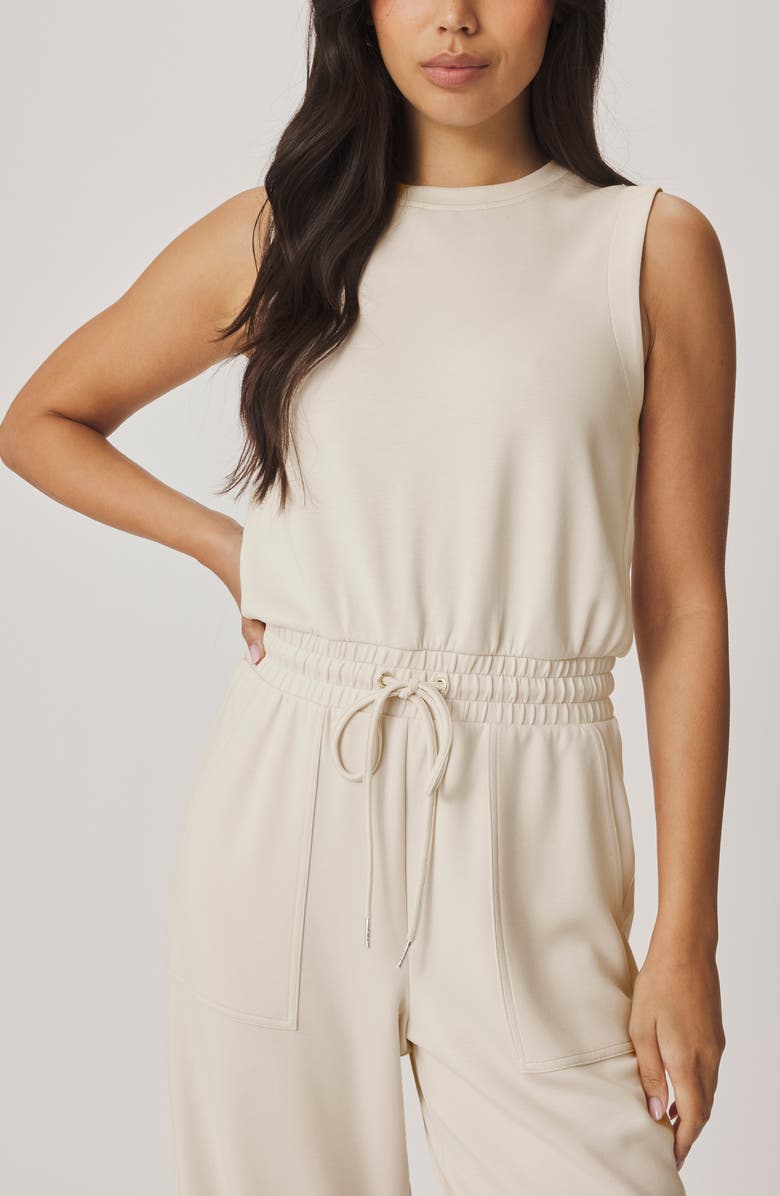 Splendid Scubasoft Tie Waist Sleeveless Jumpsuit, Alternate, color, Pale Oak White