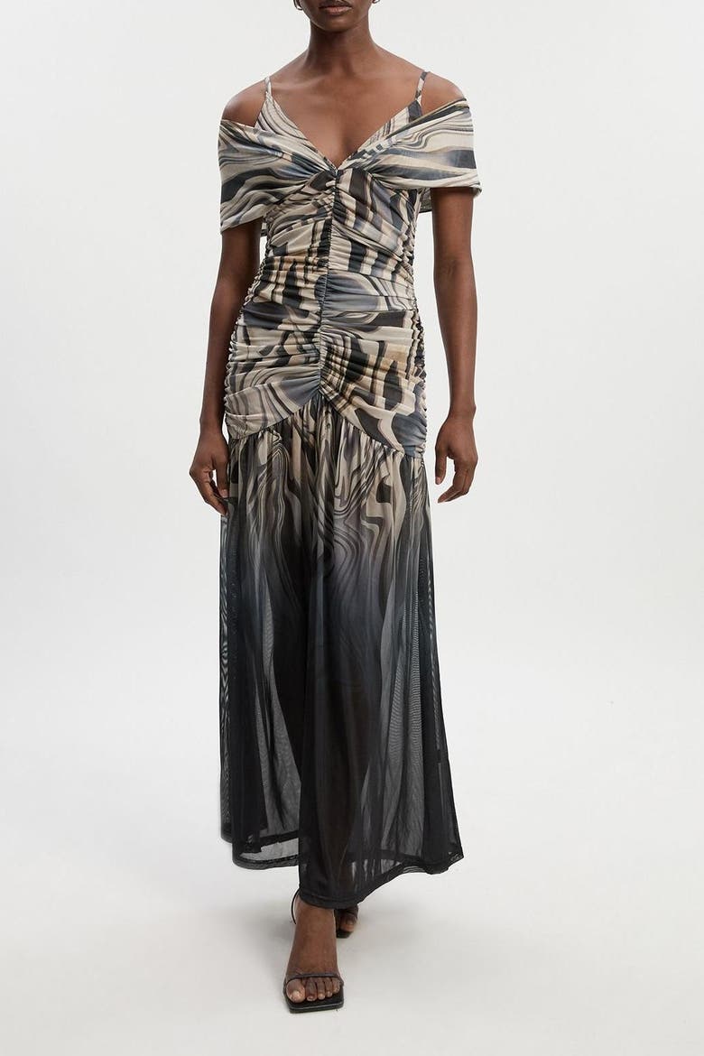 Petite Marble Print Mesh Maxi Dress, Alternate, color, Mono