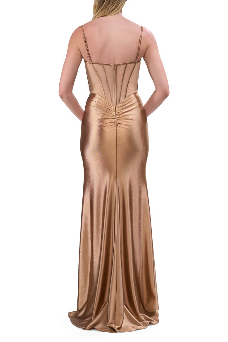 Rhinestone Corset Prom Dress with Stretch Satin Skirt, Alternate, color, Bronze