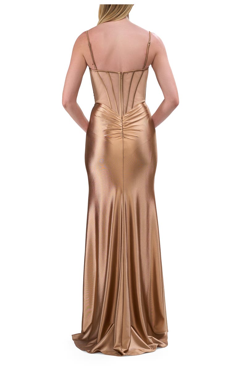La Femme Rhinestone Corset Prom Dress with Stretch Satin Skirt, Alternate, color, Bronze