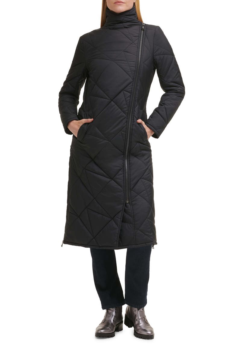 Quilted Asymmetric Midi Coat, Main, color, BLACK