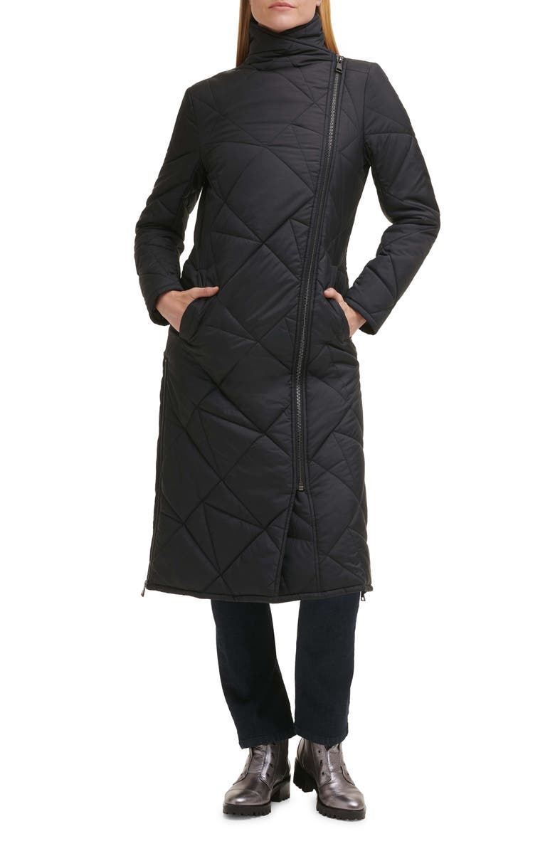 KARL LAGERFELD PARIS Quilted Asymmetric Midi Coat, Main, color, Black