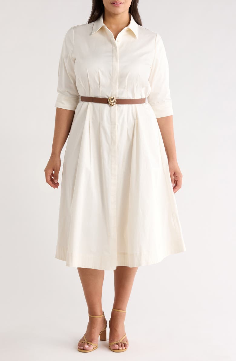 Anne Klein Belted Elbow Sleeve Stretch Cotton Sateen Shirtdress, Main, color, White Dove