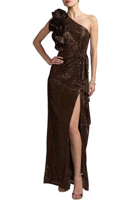 Women's One Shoulder Sequin Ruffle Detail Gown