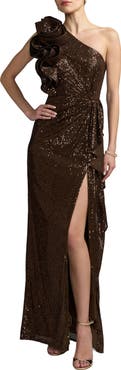 Mac Duggal Women's One Shoulder Sequin Ruffle Detail Gown