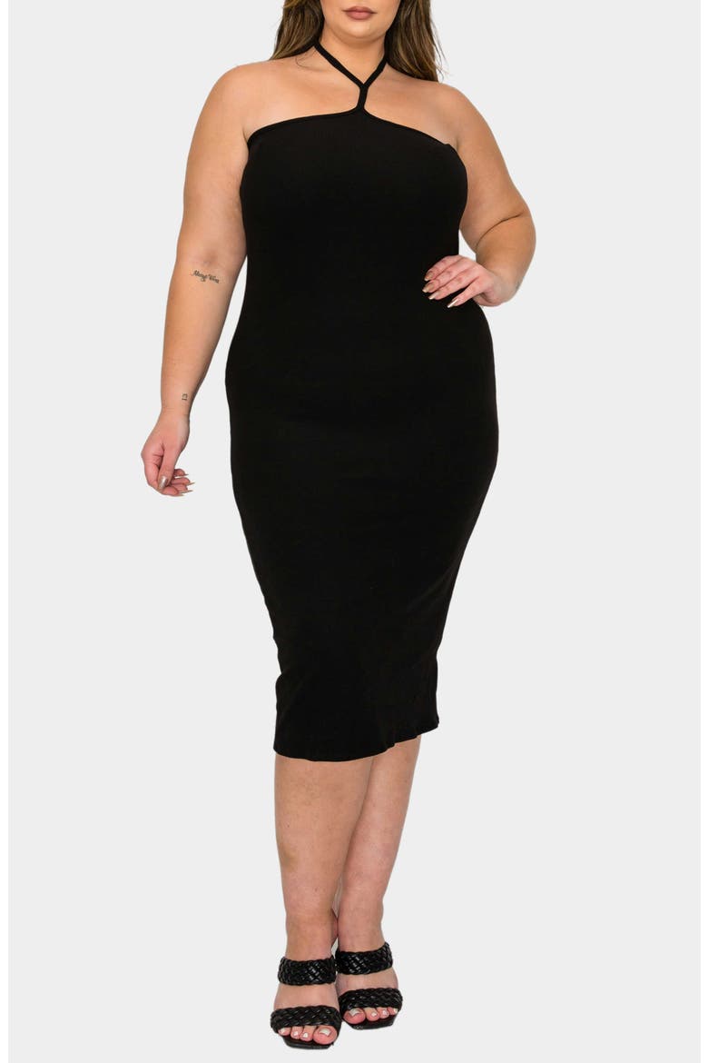 Sienna Halter Rib Midi Dress, Alternate, color, BLACK