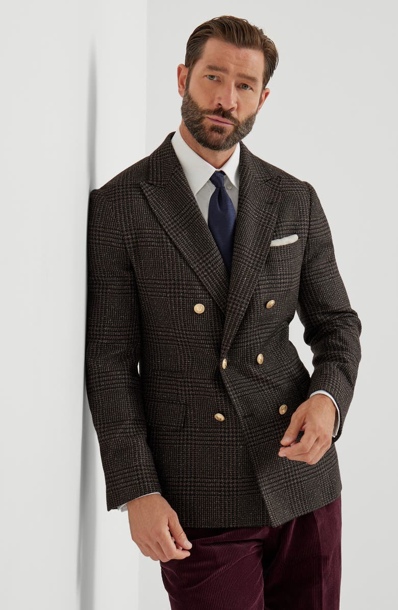 Brunello Cucinelli Prince of Wales deconstructed blazer, Alternate, color, Brown