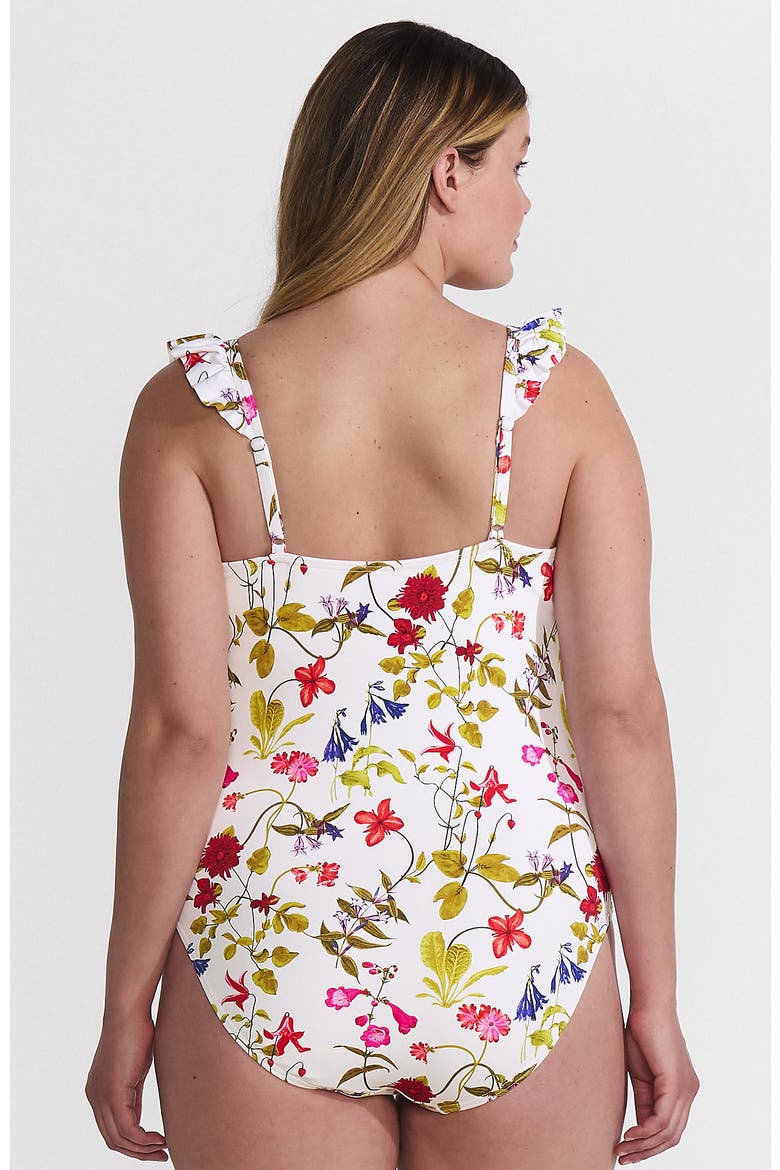 Plus Size Balconette Ruffle High Leg One Piece Swimsuit, Alternate, color, White Multi Garden Floral