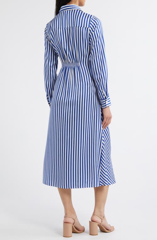 Zoe And Claire Stripe Wrap Waist Long Sleeve Midi Shirtdress In Ivory/blue