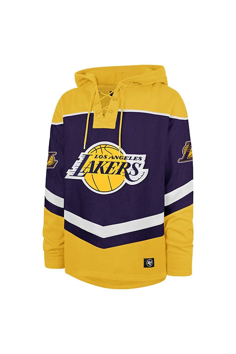 Men's '47 Purple Los Angeles Lakers Oversized Tri-Satin Layup Lacer Pullover Hoodie, Alternate, color, Purple