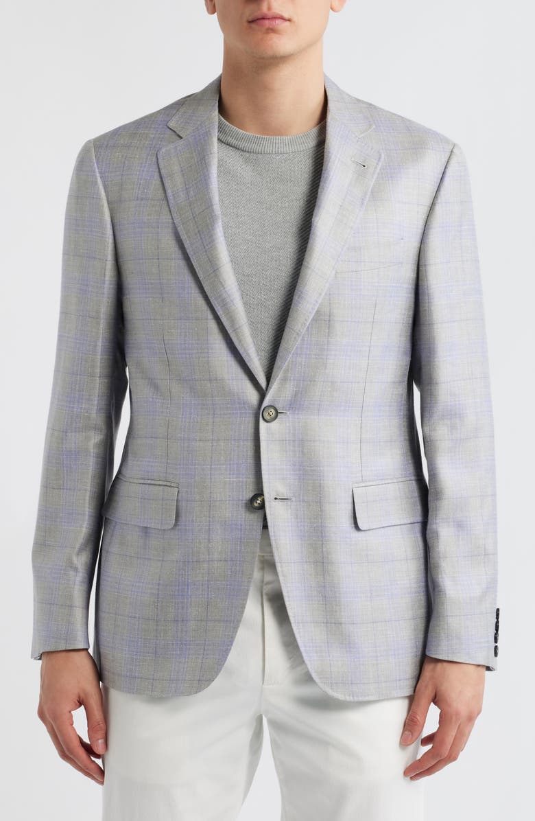 Canali Kei Trim Fit Light Grey Plaid Cashmere & Linen Blend Sport Coat, Alternate, color, Light Grey