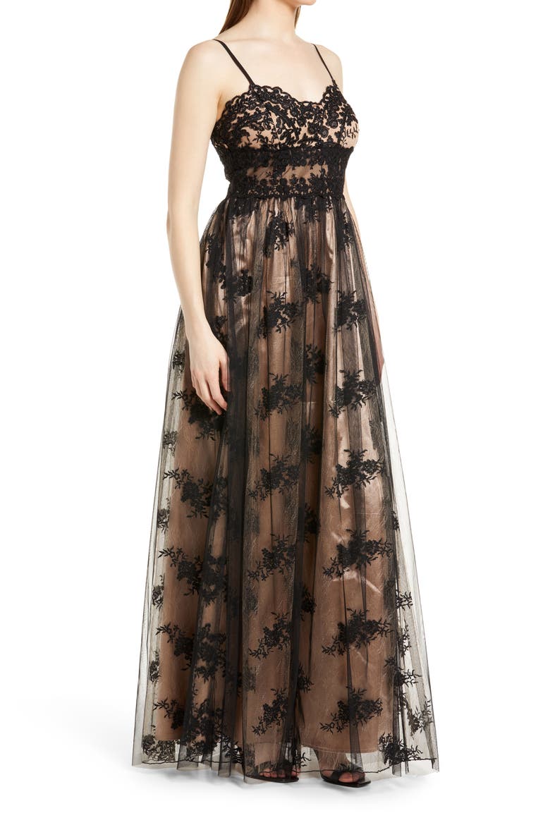 Utter Elegance Embroidered Sleeveless Lace Gown, Alternate, color, BLACK
