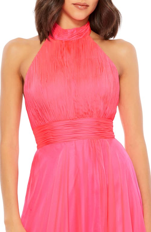 Mac Duggal High Neck Tiered Chiffon Halter Gown In Hot Pink