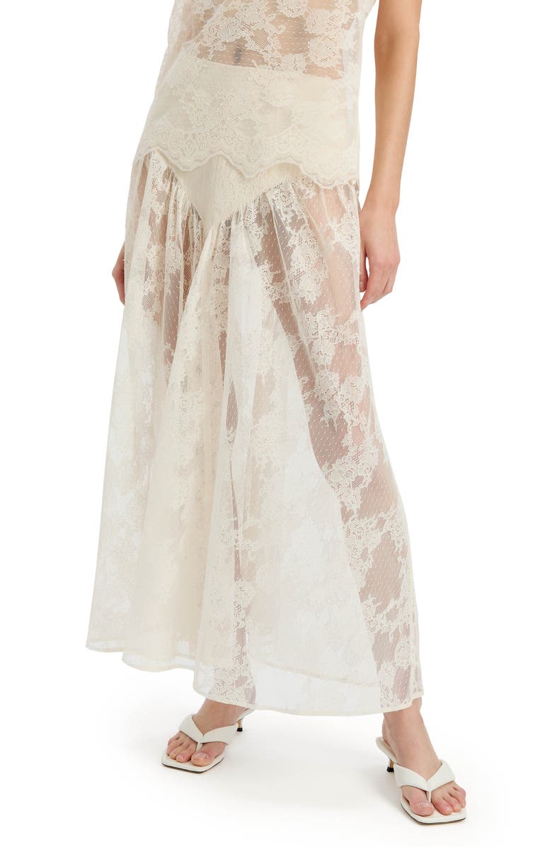 Bardot Hildie High Waist Semisheer Lace Maxi Skirt, Main, color, Lite Beige