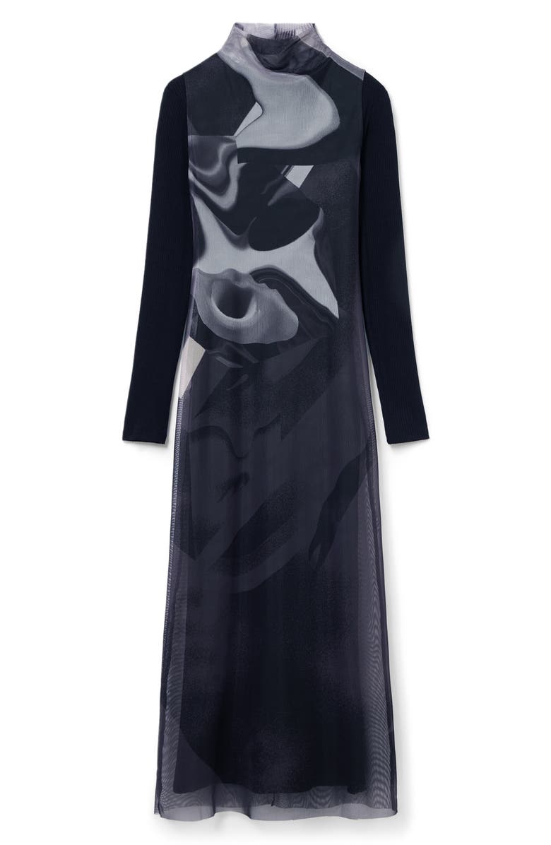 Desigual Lincoln Abstract Print Long Sleeve Mesh Dress, Alternate, color, Black