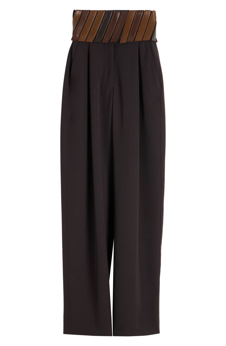 Alaïa High Waist Wool Gabardine Straight Leg Pants with Leather Belt, Alternate, color, Ebene