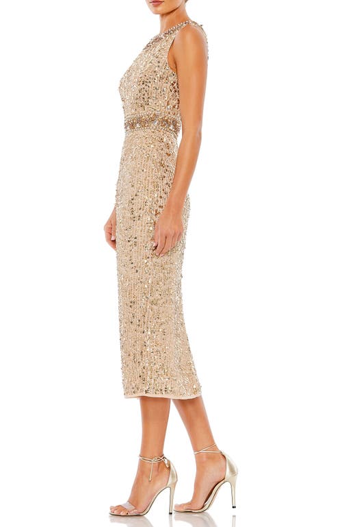 Mac Duggal Sleeveless Sequin Highneck Column Midi Dress In Gold In Gold