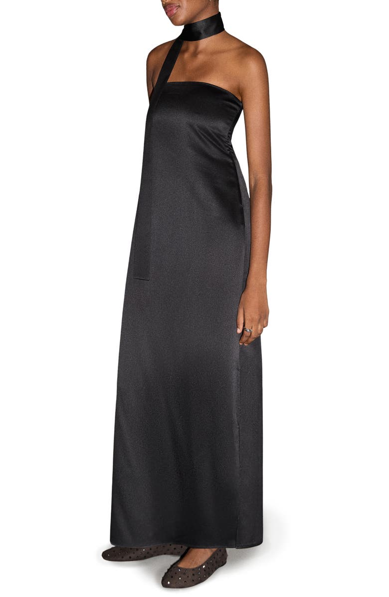 MANGO TEEN Satin Halter Maxi Dress, Main, color, Black