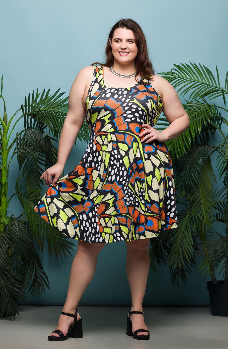 24seven Comfort Apparel Print Sleeveless A-Line Dress, Alternate, color, Orange Multi