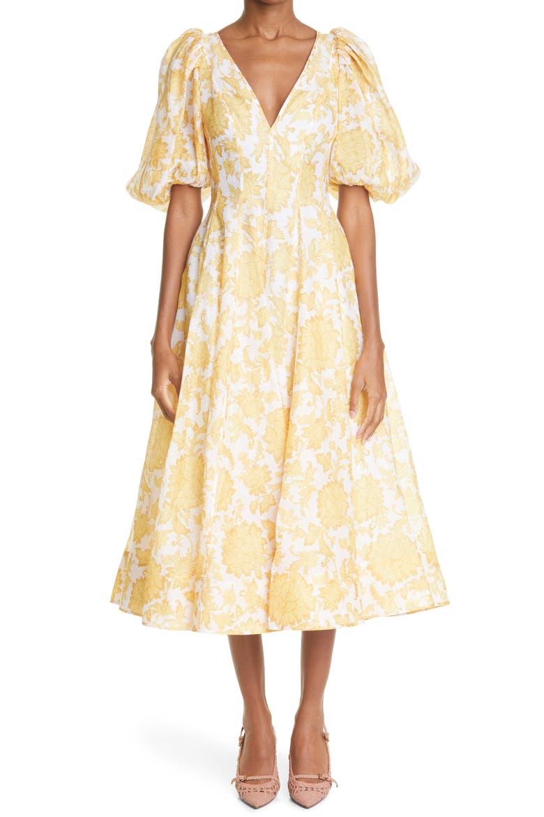 Postcard Puff Sleeve Belted Linen & Silk Midi Dress, Alternate, color, YELLOW TONAL FLORAL