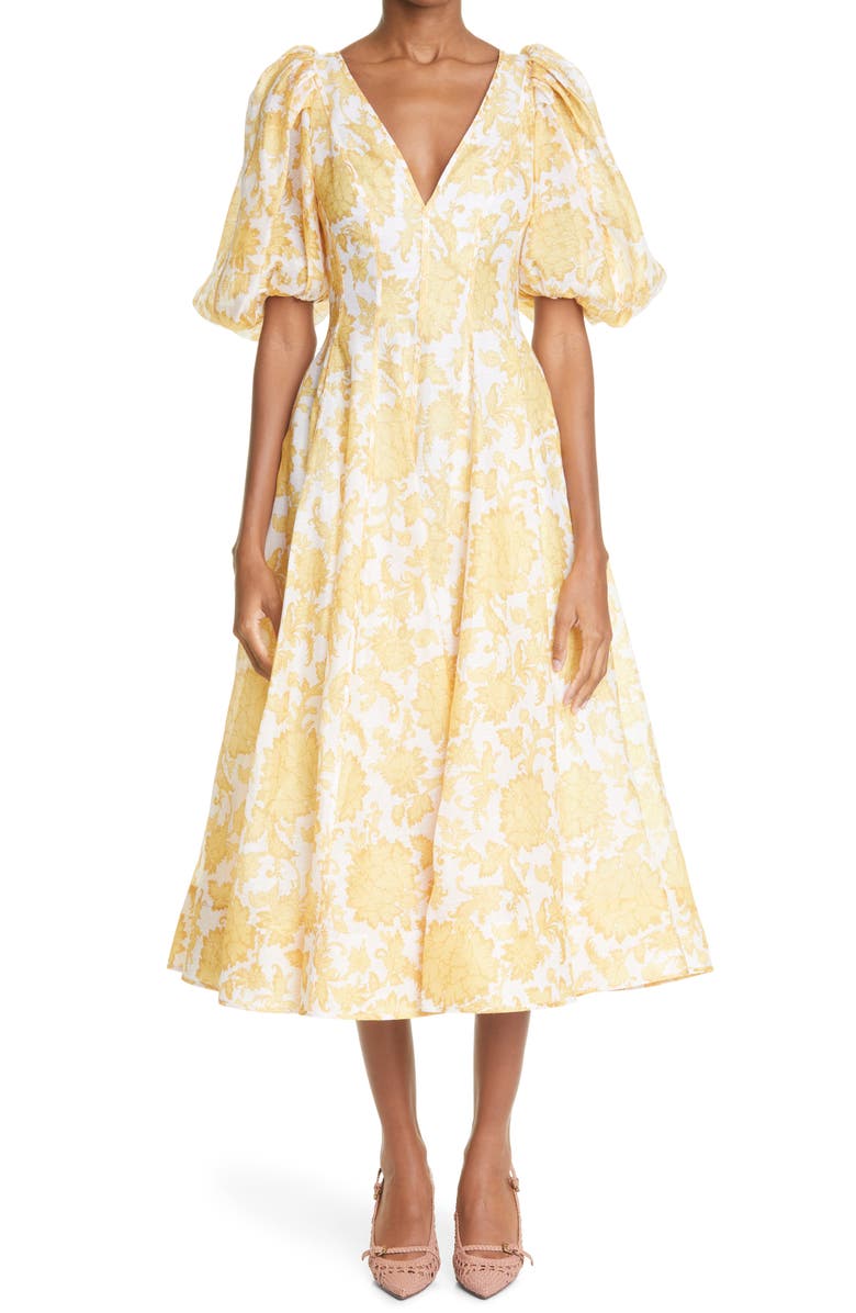 Zimmermann Postcard Puff Sleeve Belted Linen & Silk Midi Dress, Alternate, color,